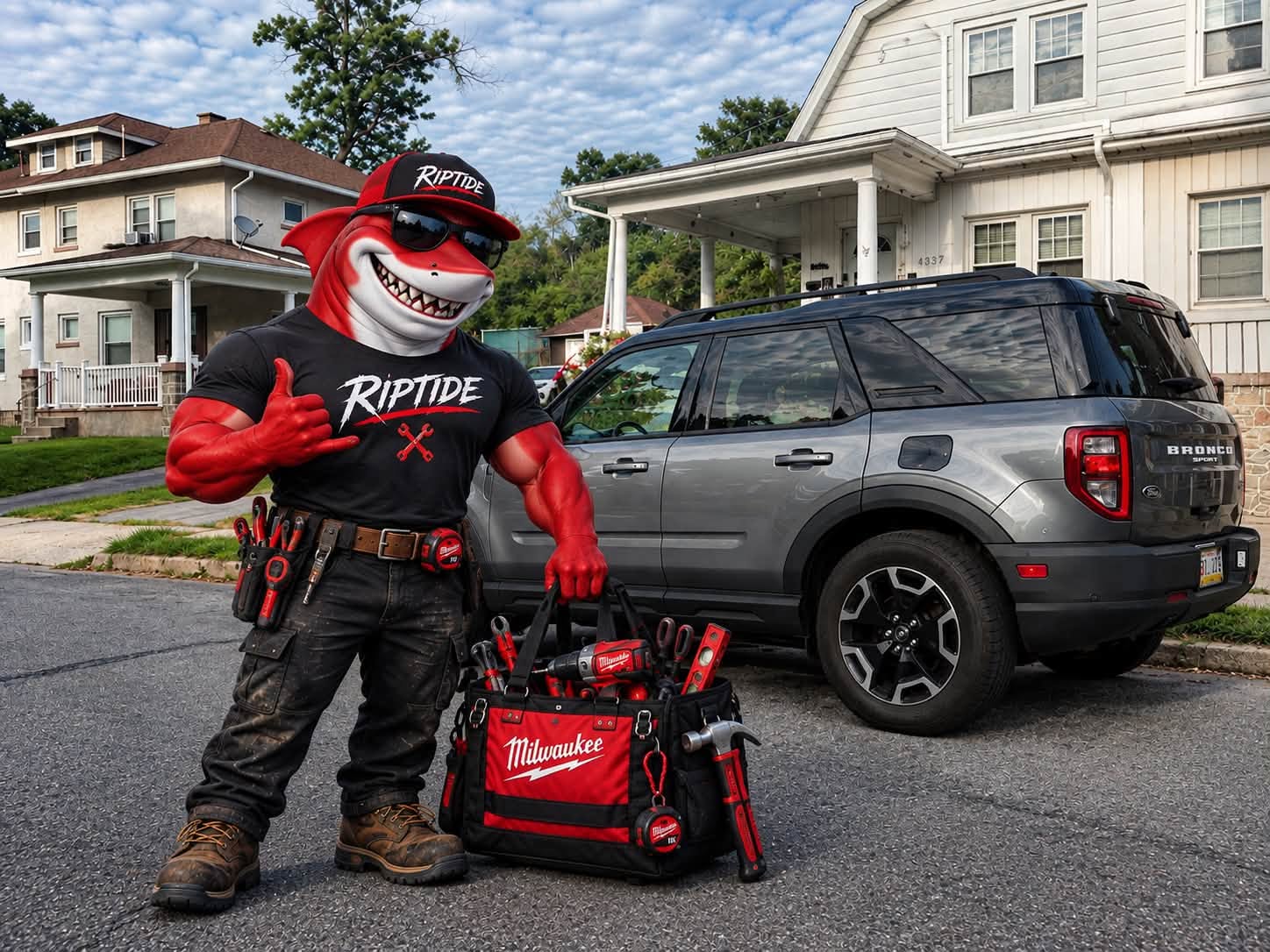 Riptide, the After Hours Plumbing shark mascot brand character, wearing a Riptide cap and holding a tool bag